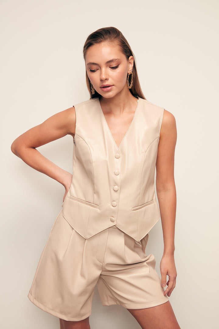 Sateen Gilet en cuir avec détails de boutons - Pierre