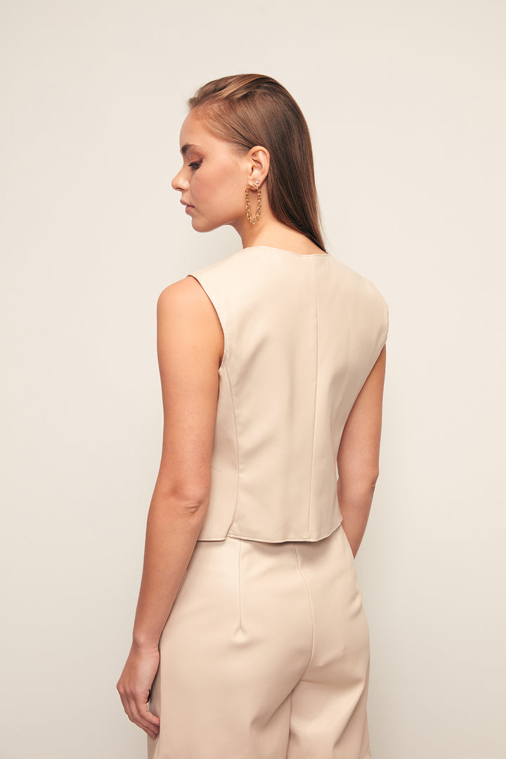 Sateen Gilet en cuir avec détails de boutons - Pierre