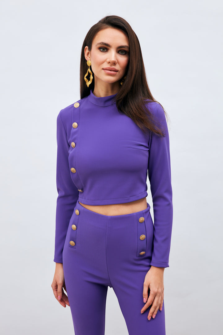 Sateen Blouse Col Montant avec Détails Boutons - Violet