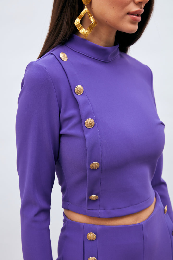Sateen Blouse Col Montant avec Détails Boutons - Violet