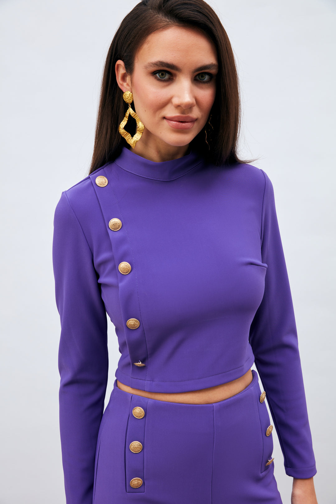 Sateen Blouse Col Montant avec Détails Boutons - Violet