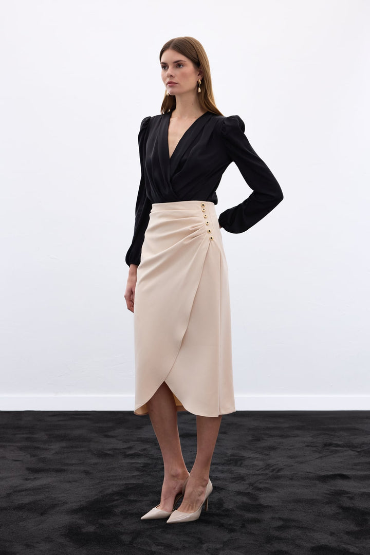Sateen Jupe crayon à détails de boutons - Beige