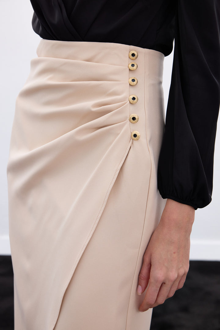 Sateen Jupe crayon à détails de boutons - Beige