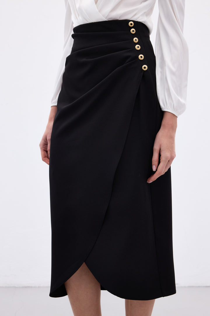 Sateen Jupe crayon à détails de boutons - Noir
