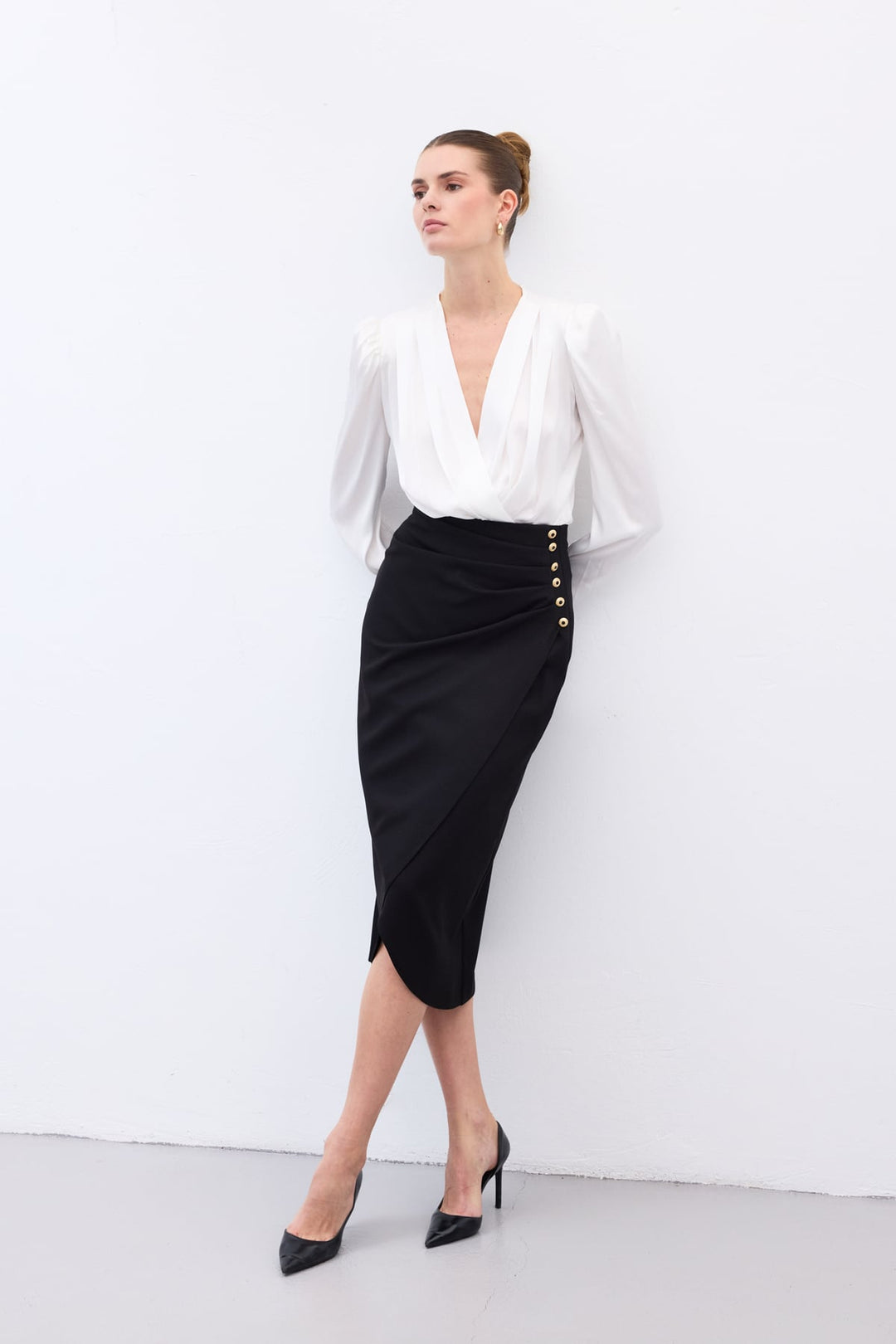Sateen Jupe crayon à détails de boutons - Noir