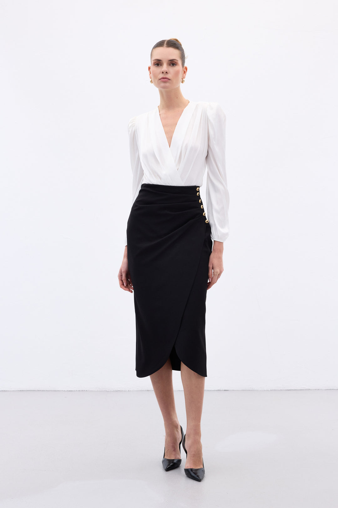 Sateen Jupe crayon à détails de boutons - Noir