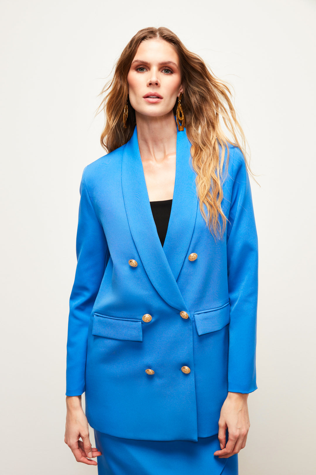 Sateen Veste Croisée avec Détails de Bouton - Indigo