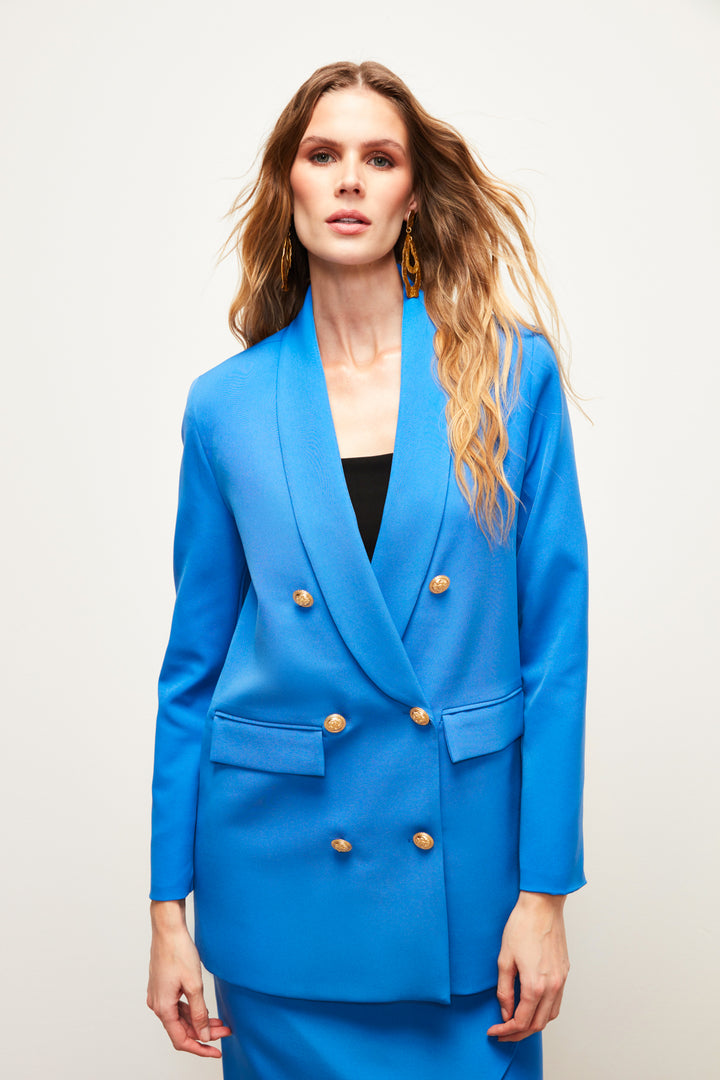 Sateen Veste Croisée avec Détails de Bouton - Indigo