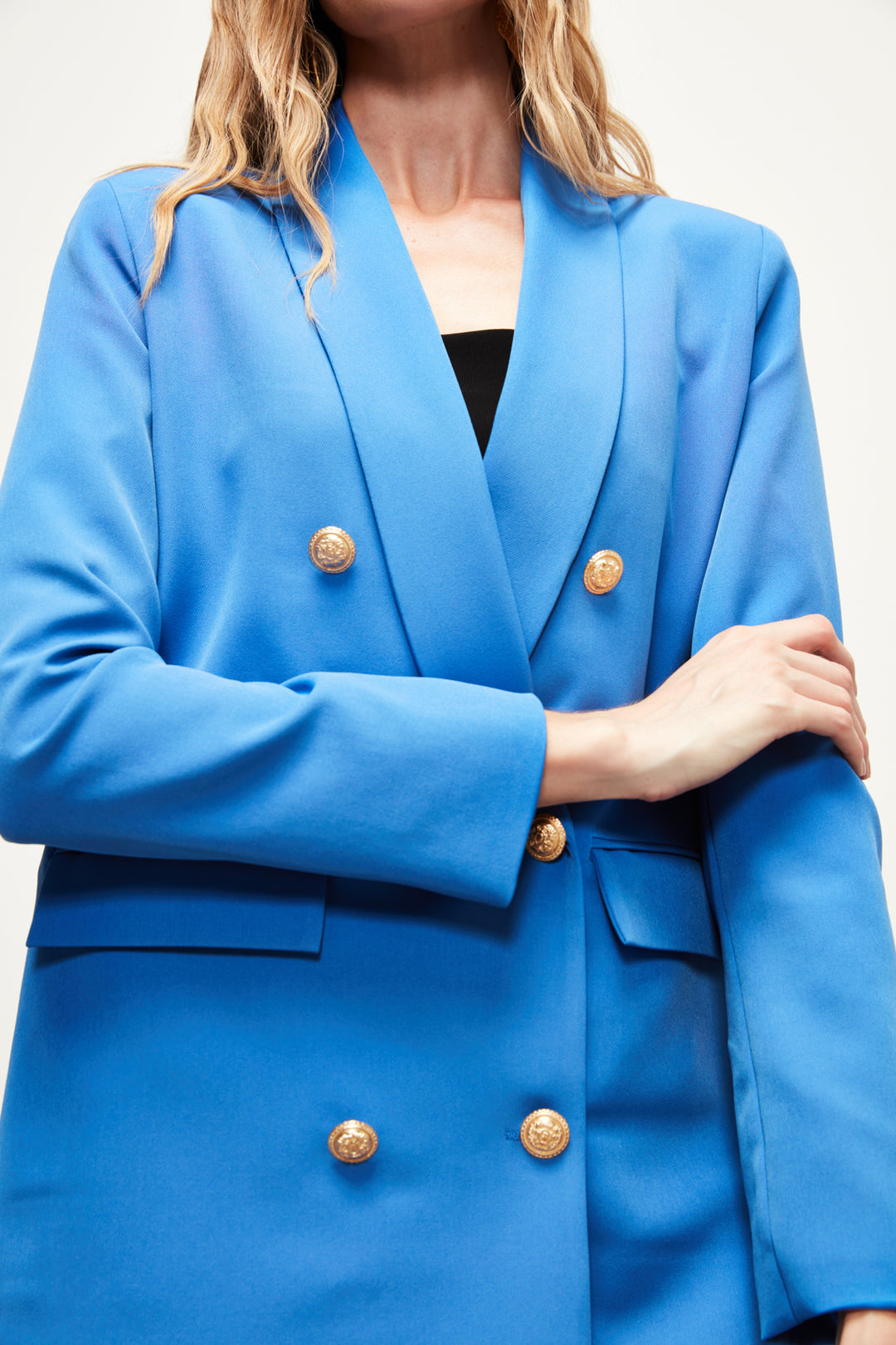 Sateen Veste Croisée avec Détails de Bouton - Indigo