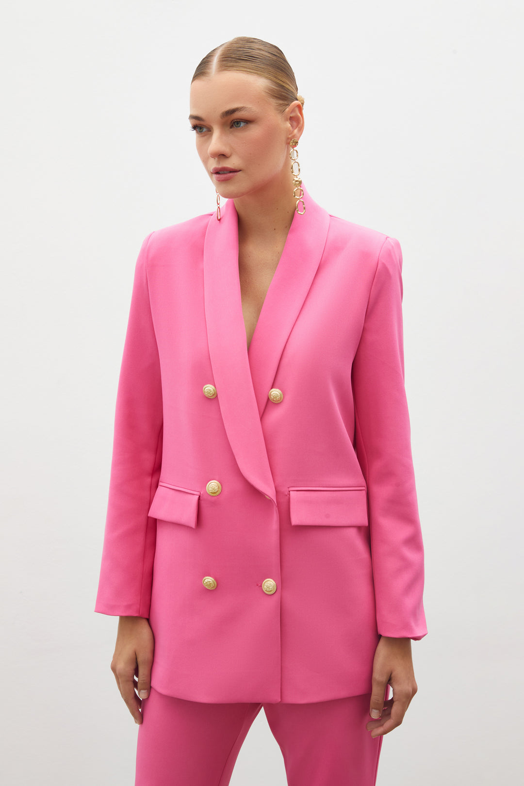 Sateen Veste Croisée avec Détails de Bouton - Rose