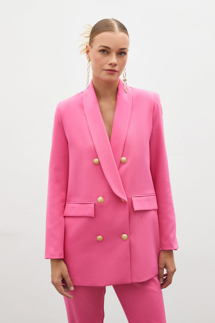 Sateen Veste Croisée avec Détails de Bouton - Rose