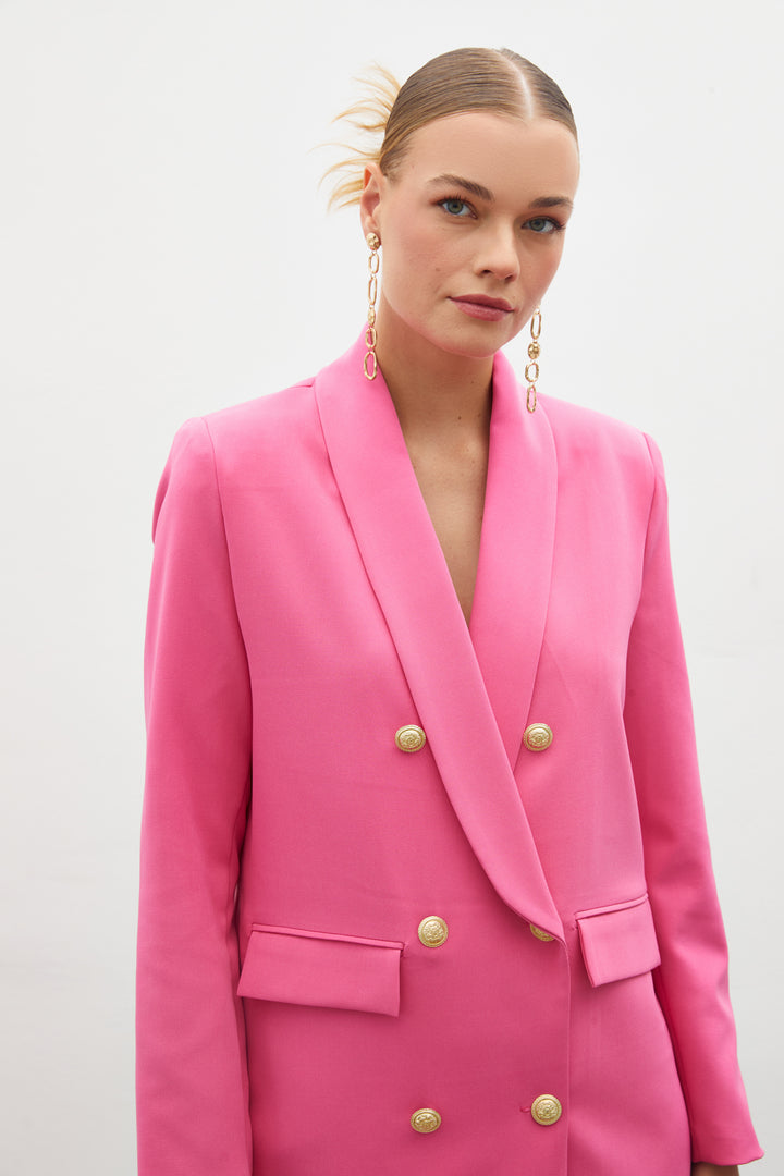Sateen Veste Croisée avec Détails de Bouton - Rose