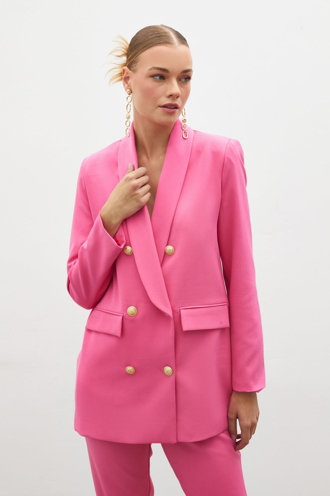 Sateen Veste Croisée avec Détails de Bouton - Rose