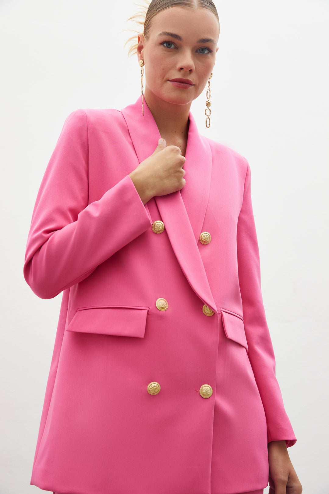 Sateen Veste Croisée avec Détails de Bouton - Rose