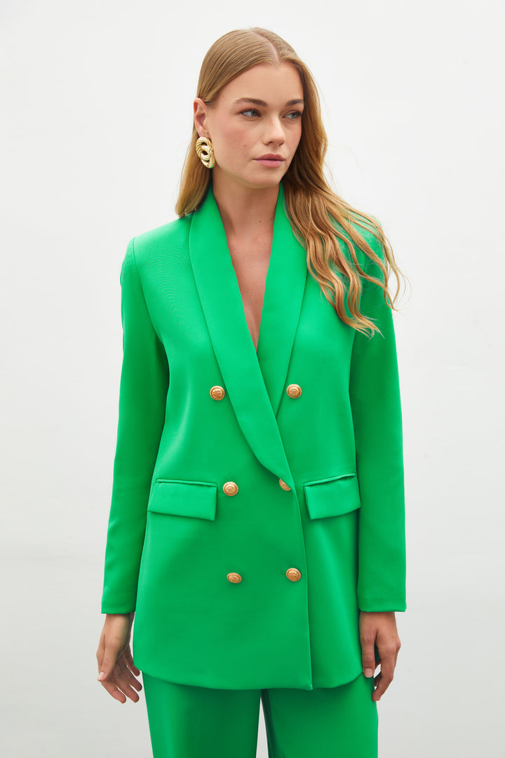 Sateen Veste Croisée avec Détails de Bouton - Vert