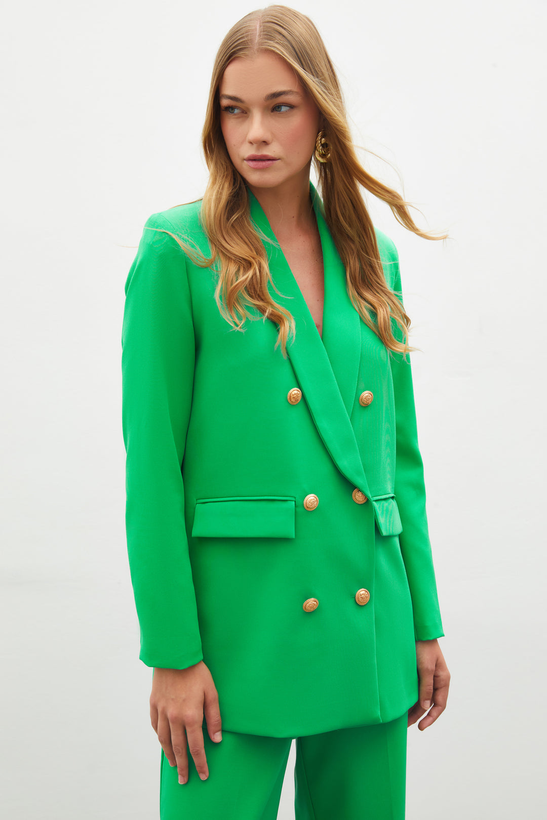 Sateen Veste Croisée avec Détails de Bouton - Vert
