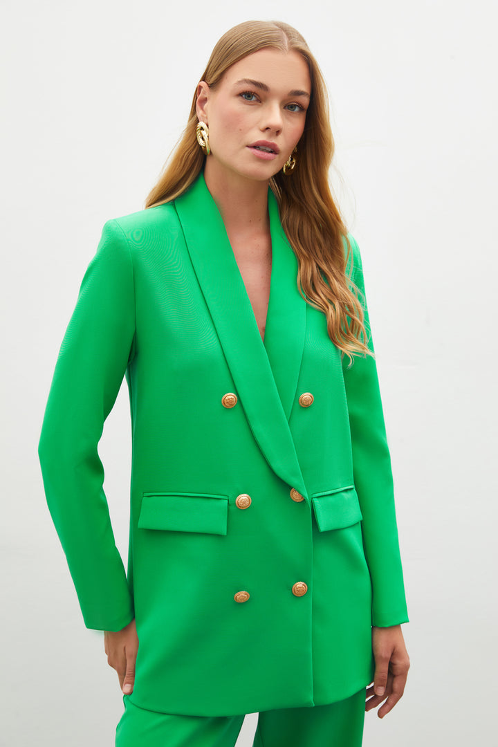 Sateen Veste Croisée avec Détails de Bouton - Vert