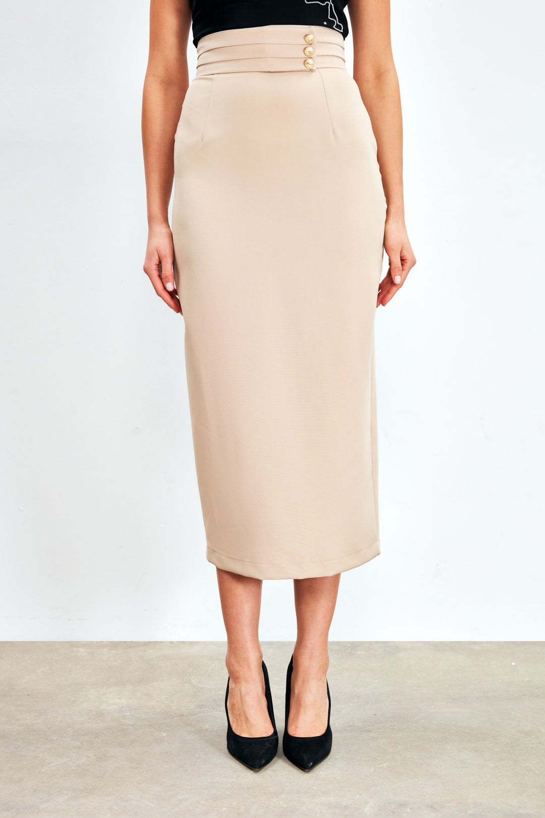 Sateen Jupe midi avec détails de boutons - Beige