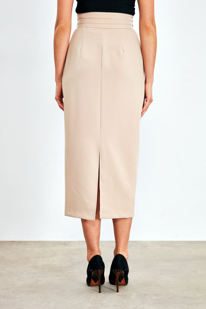 Sateen Jupe midi avec détails de boutons - Beige