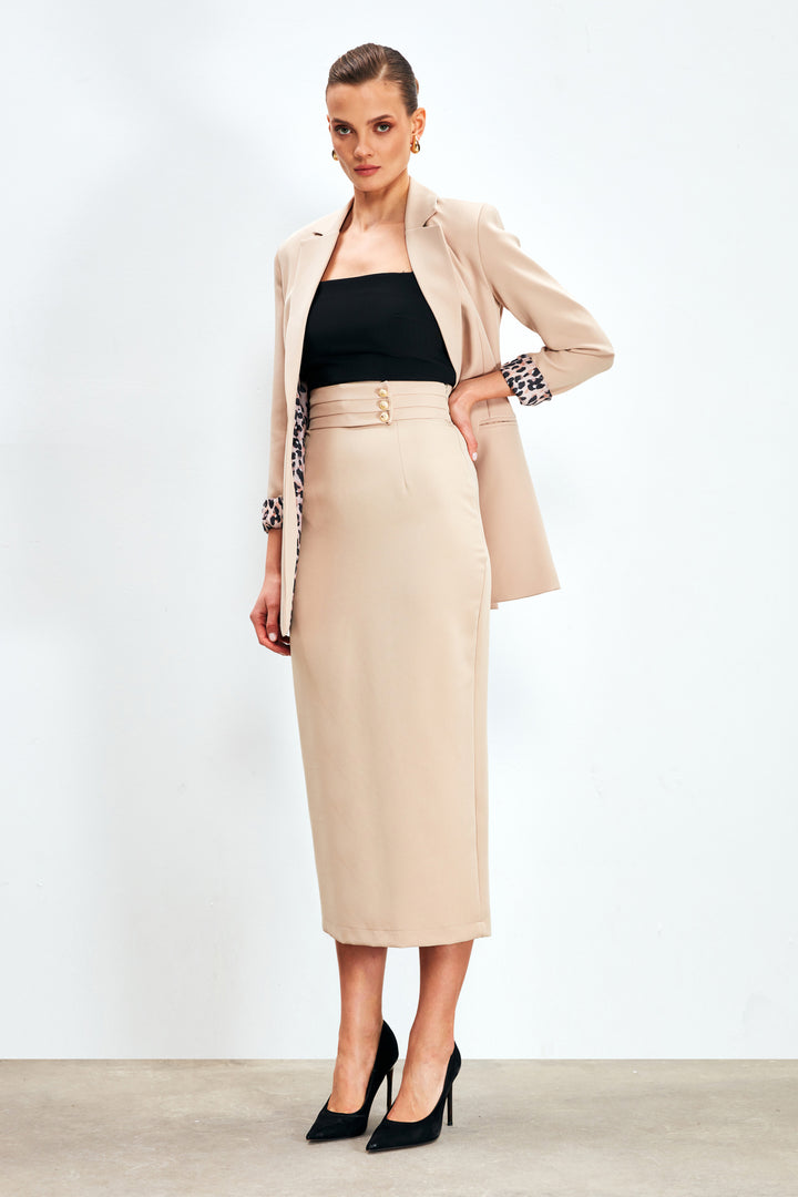 Sateen Jupe midi avec détails de boutons - Beige
