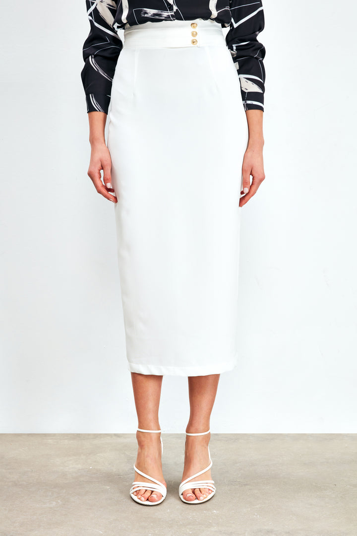 Sateen Jupe midi avec détails de boutons - Écru