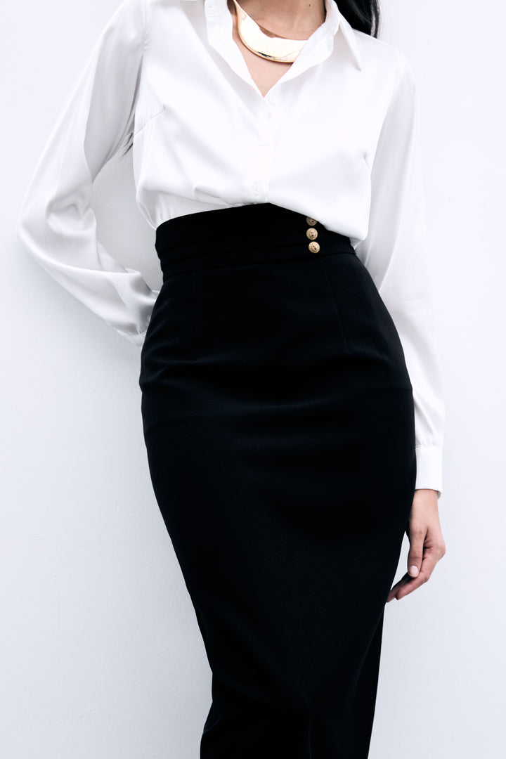 Sateen Jupe midi avec détails de boutons - Noir