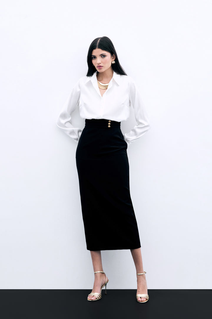 Sateen Jupe midi avec détails de boutons - Noir