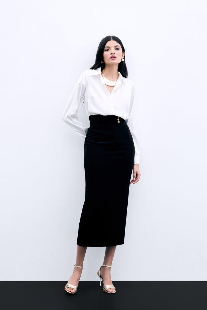 Sateen Jupe midi avec détails de boutons - Noir