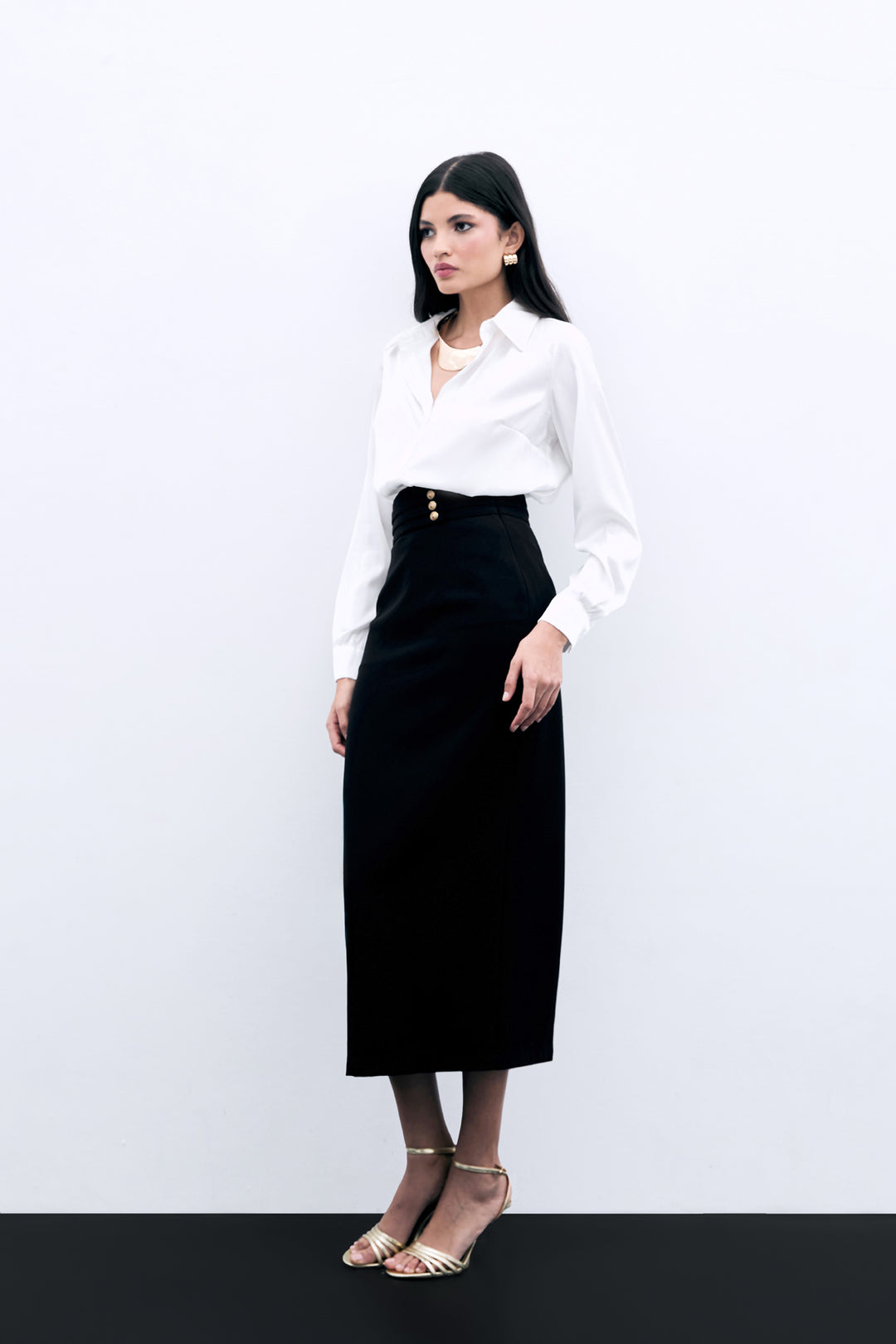 Sateen Jupe midi avec détails de boutons - Noir