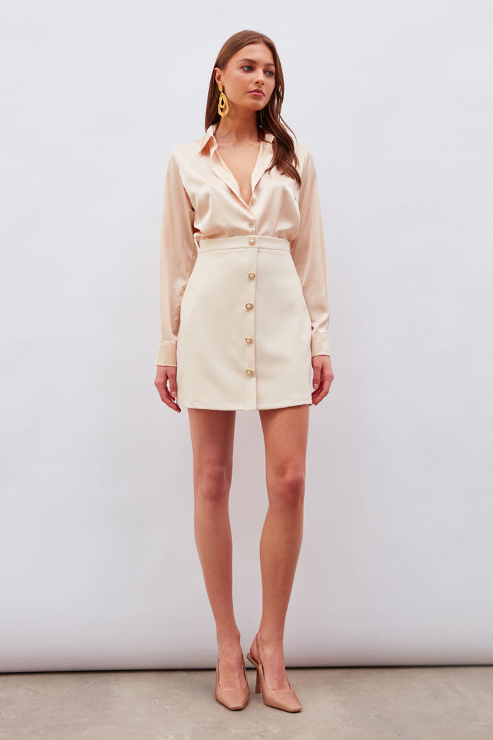 Sateen Jupe mini avec détails de boutons - Beige