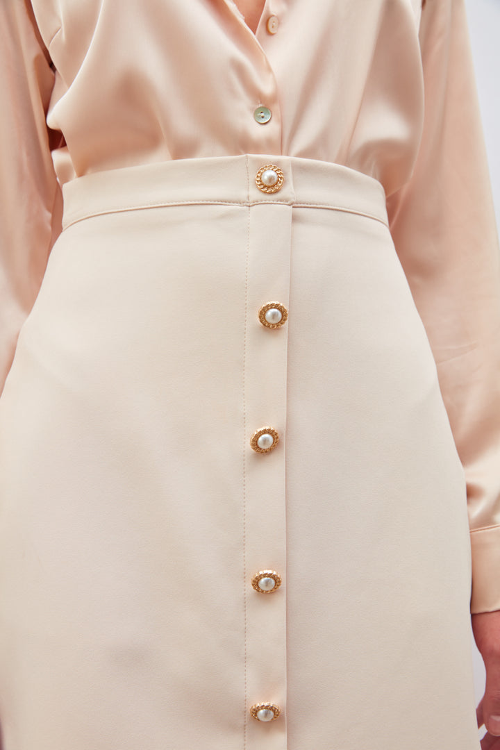 Sateen Jupe mini avec détails de boutons - Beige