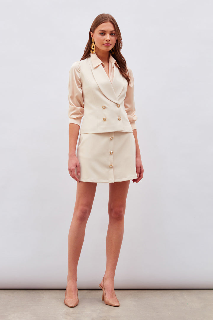 Sateen Jupe mini avec détails de boutons - Beige