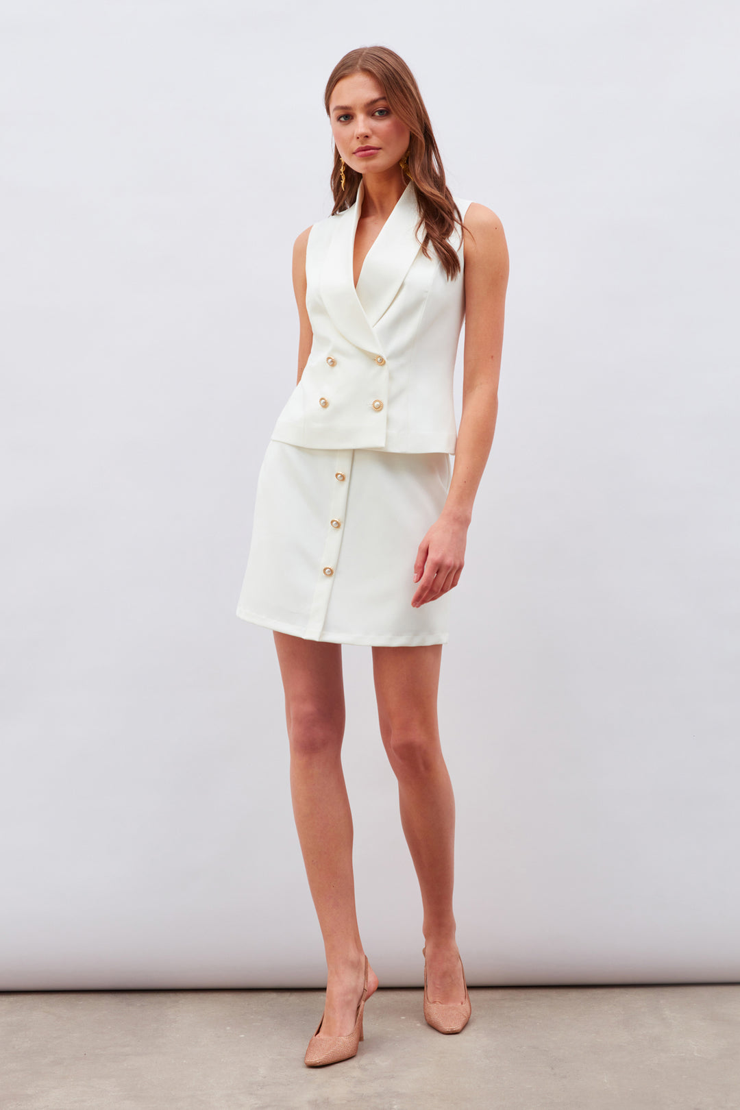 Sateen Jupe mini avec détails de boutons - Écru