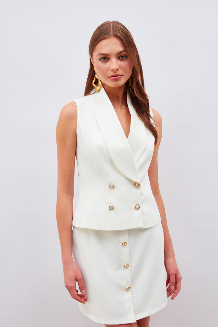 Sateen Jupe mini avec détails de boutons - Écru