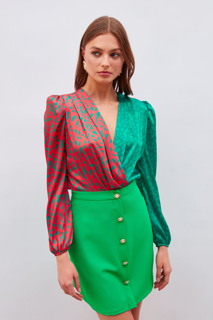Sateen Jupe mini avec détails de boutons - Vert