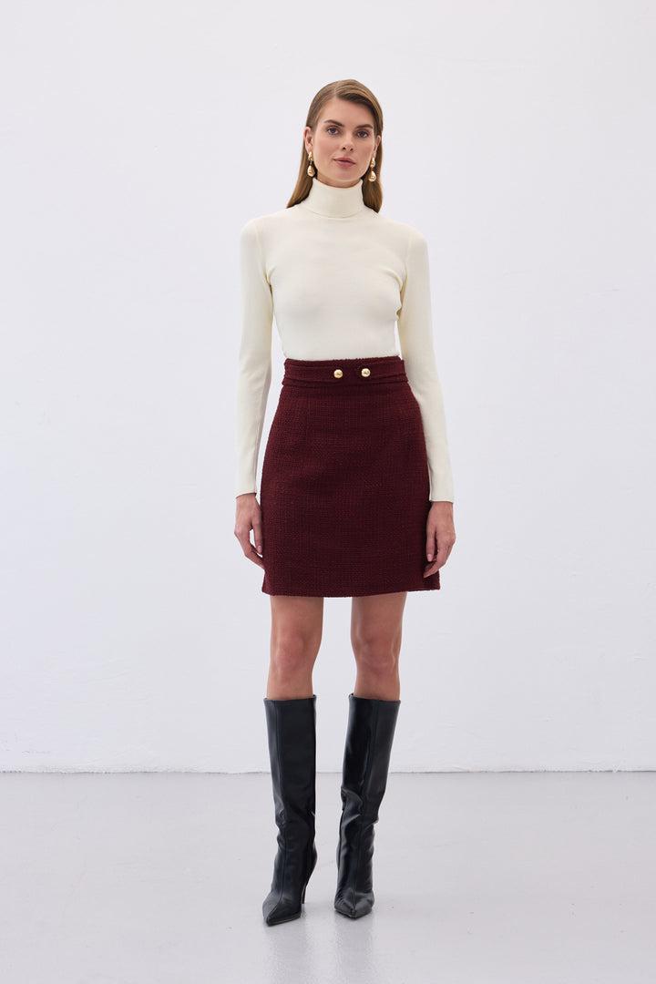 Sateen Jupe mini en tweed avec détails de boutons - Bordeaux