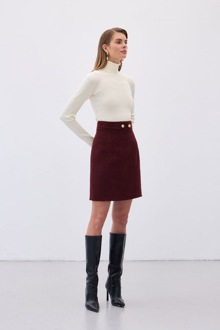 Sateen Jupe mini en tweed avec détails de boutons - Bordeaux
