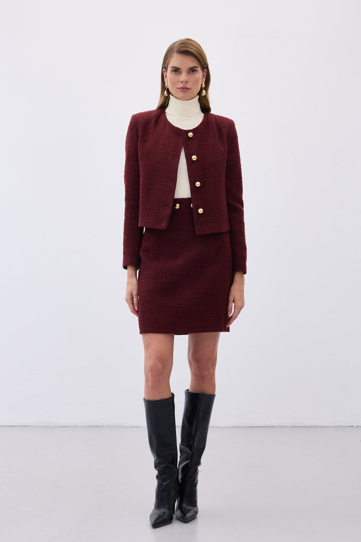 Sateen Jupe mini en tweed avec détails de boutons - Bordeaux