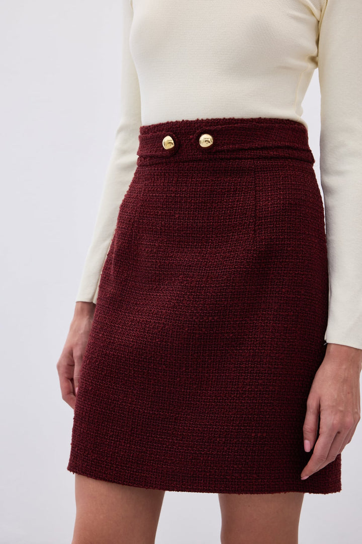 Sateen Jupe mini en tweed avec détails de boutons - Bordeaux