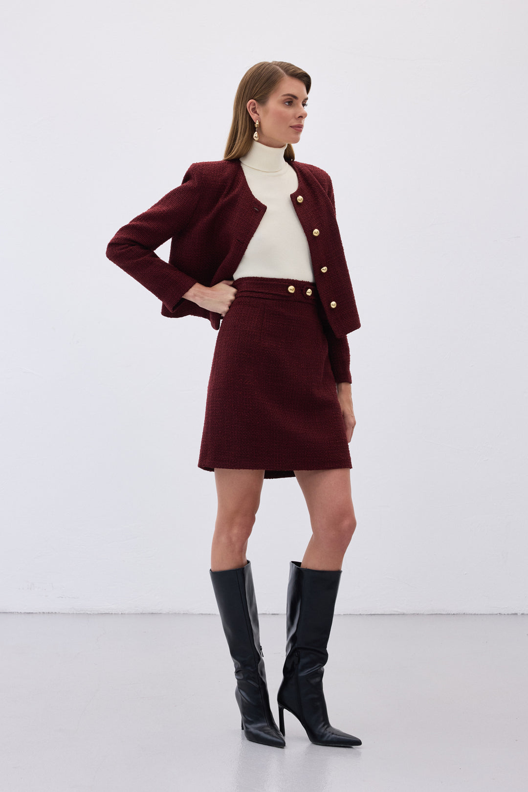 Sateen Jupe mini en tweed avec détails de boutons - Bordeaux