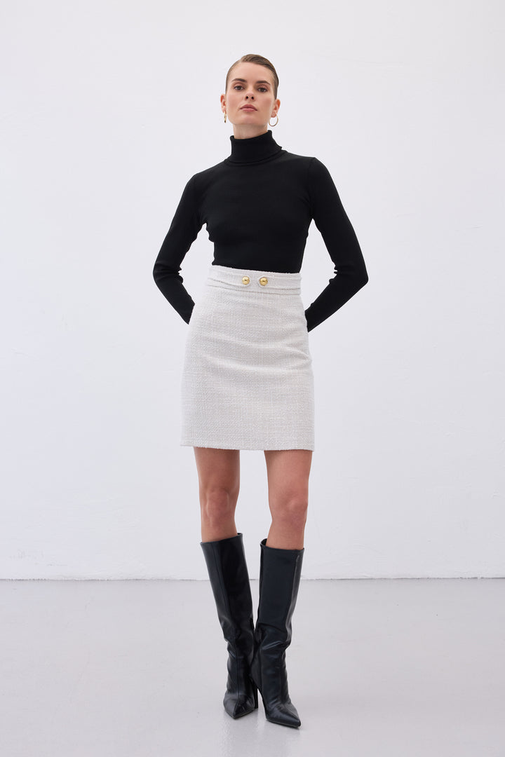 Sateen Jupe mini en tweed avec détails de boutons - Pierre