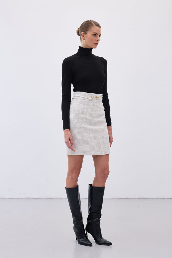 Sateen Jupe mini en tweed avec détails de boutons - Pierre