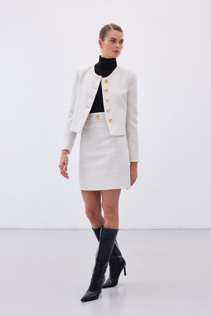 Sateen Jupe mini en tweed avec détails de boutons - Pierre