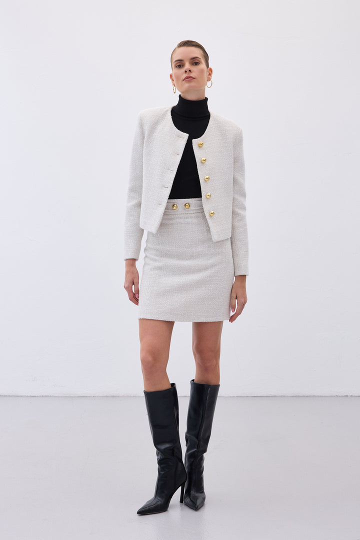 Sateen Jupe mini en tweed avec détails de boutons - Pierre