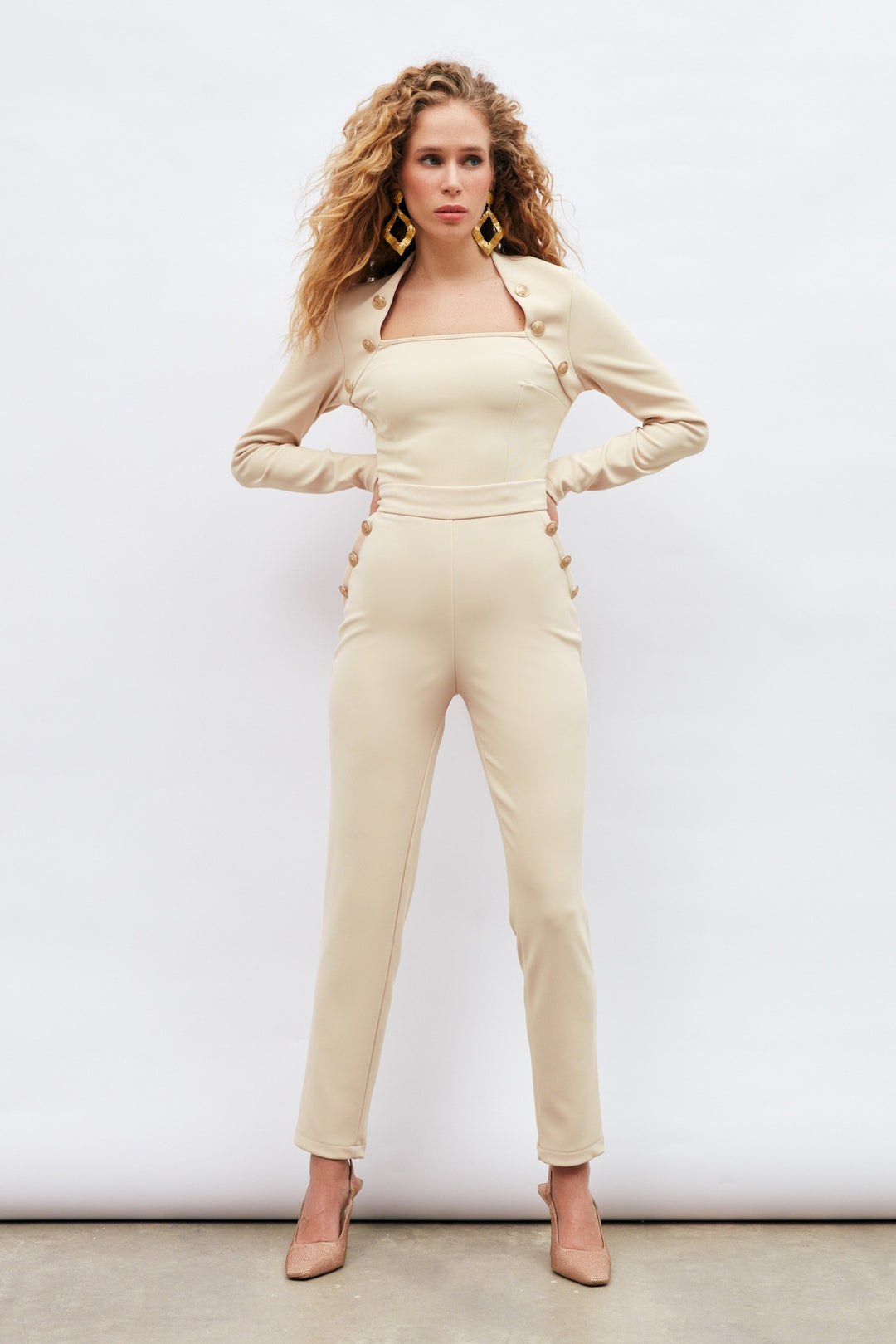 Sateen Pantalon à Détails de Boutons - Beige