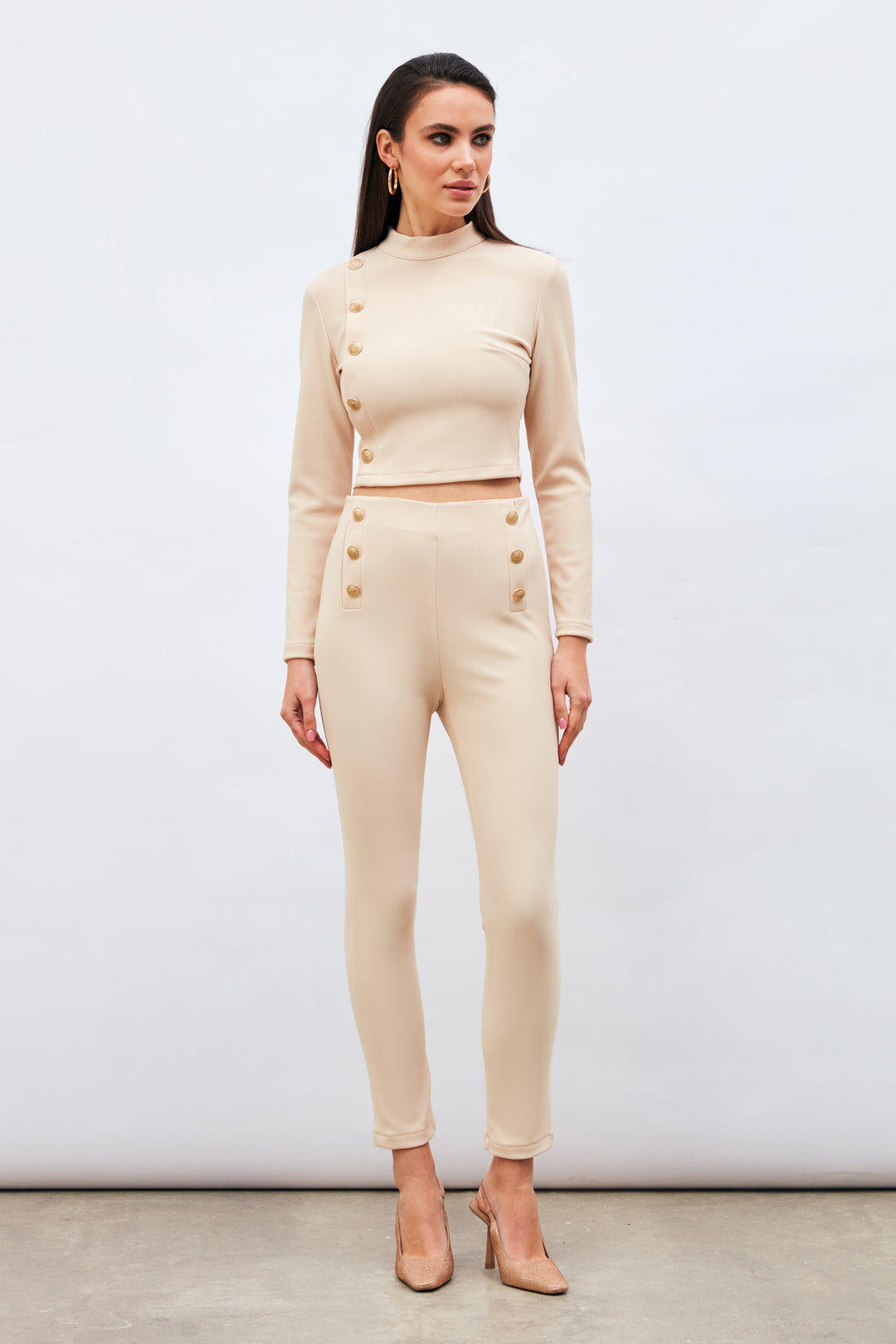 Sateen Pantalon à Détails de Boutons - Beige
