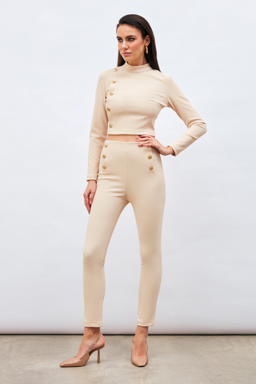 Sateen Pantalon à Détails de Boutons - Beige
