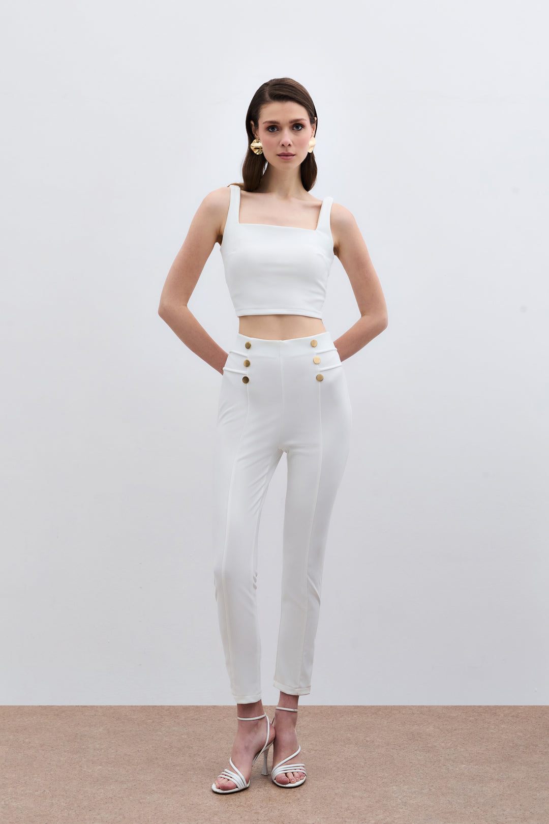Sateen Pantalon à détails de boutons - Écru