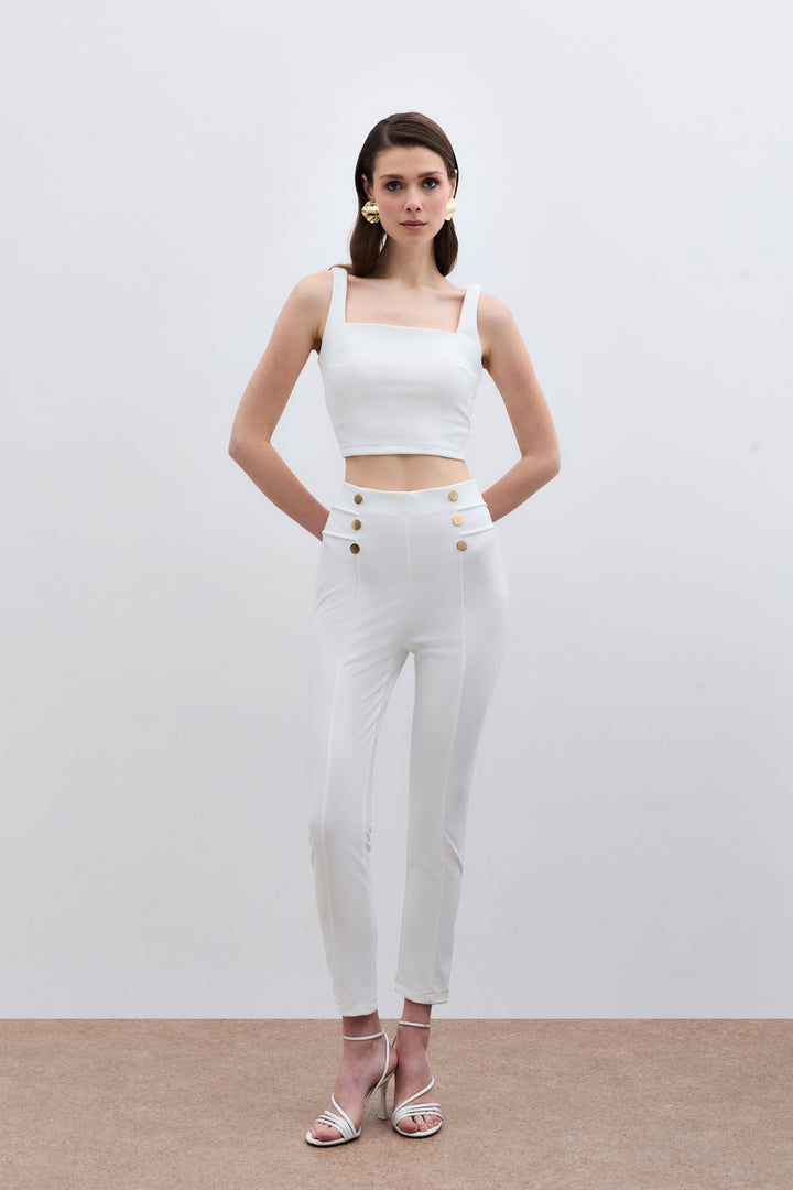 Sateen Pantalon à détails de boutons - Écru