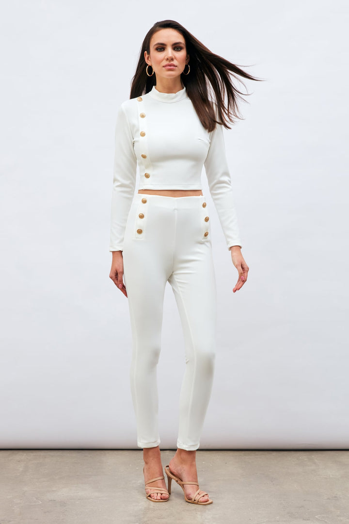 Sateen Pantalon à Détails de Boutons - Écru